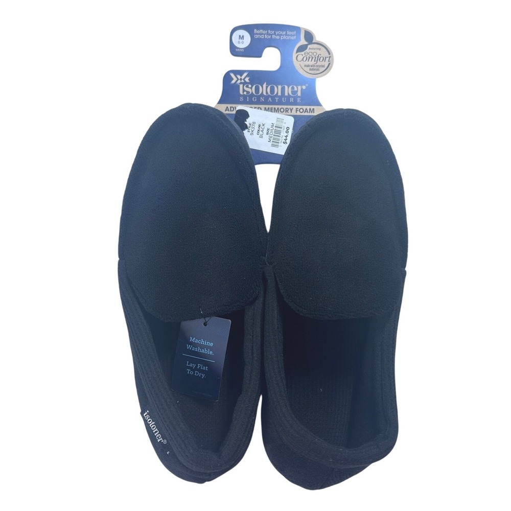 Isotoner Mens Medium 8-9 Black Slippers Advanced Memory Foam Eco Comfort‎ NEW